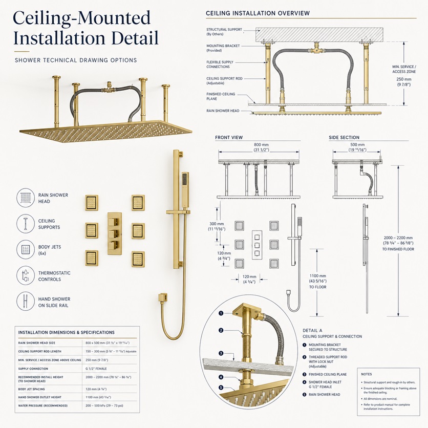 Ceiling-mounted large rain shower head installation detail